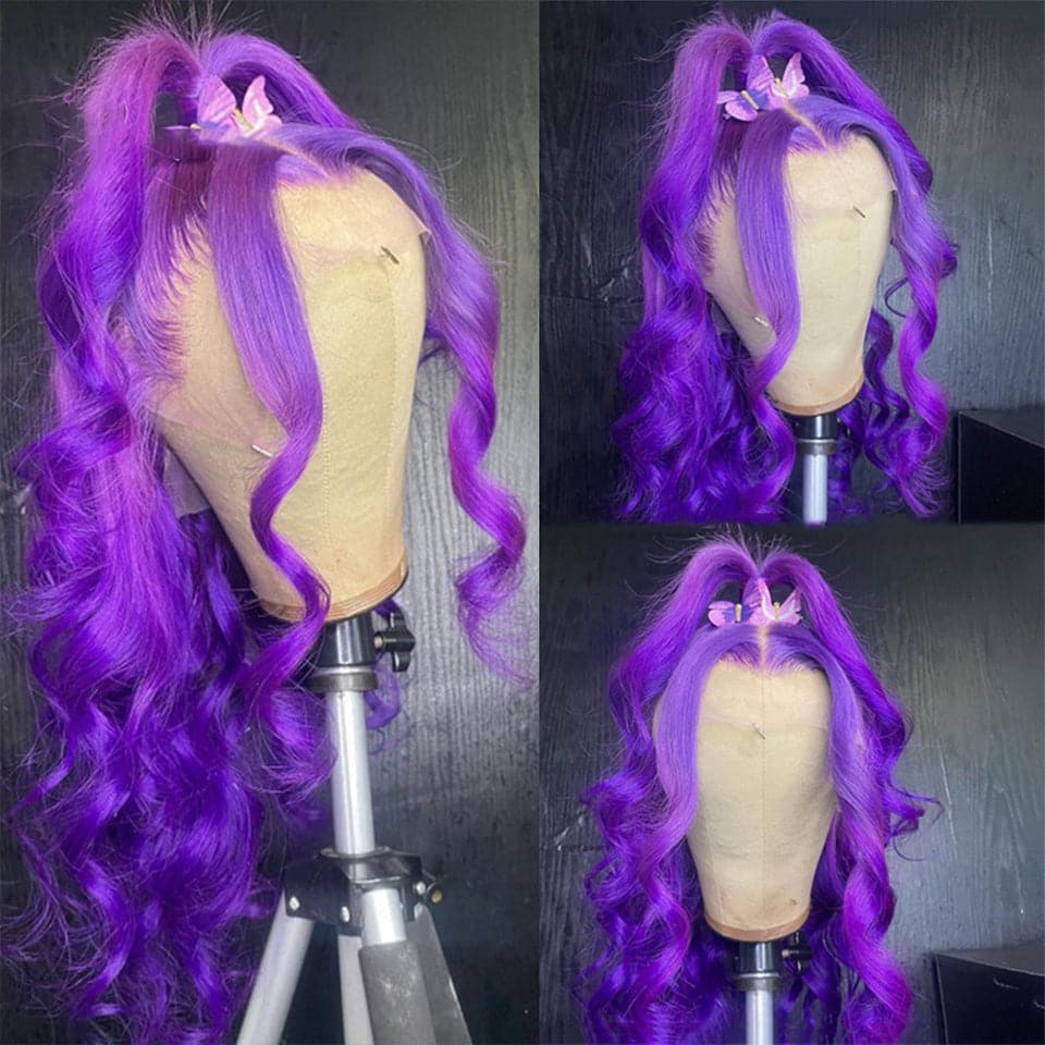 Purple Body Wave Transparent Lace Front Human Hair Wigs for Black Women