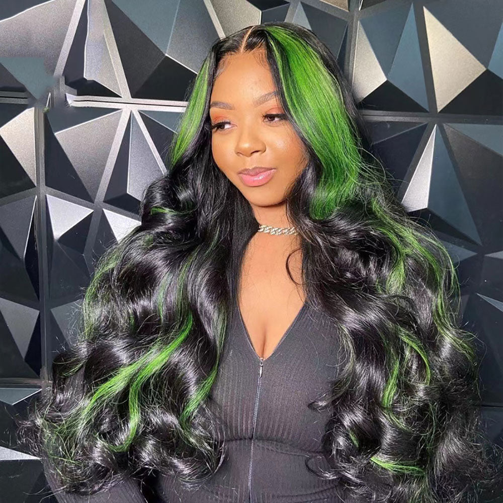 Perruque de Cheveux Humains Lace Front Vague de Corps Verte Noire