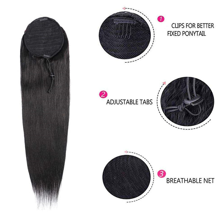 Brazilian Straight Drawstring Ponytail Extensions Natural Hair