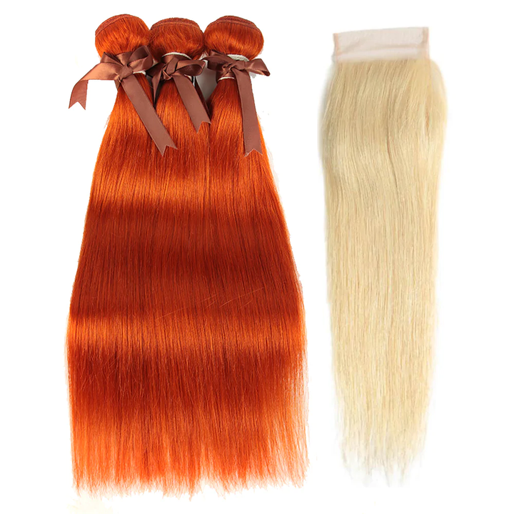#350 Ginger Blonde Hair Bundles with Closure Straight 4 Bundles with 4x4 HD Lace Closure Human Hair Extensation