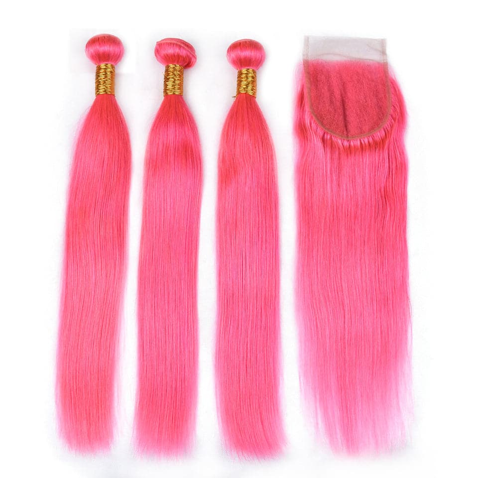 Light Pink Color Straight Hair 3 Bundles with 4x4 HD Lace Closure Human Hair Extensions
