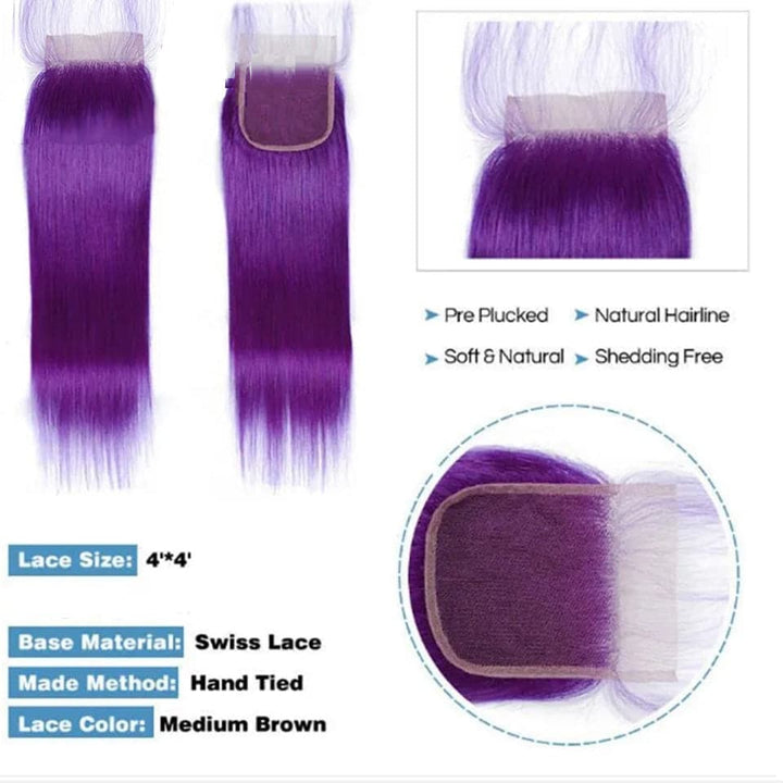 Bundles de cheveux colorés pourpres Cheveux raides 3 Bundles avec 4x4 HD Lace Closure Extensions de cheveux humains
