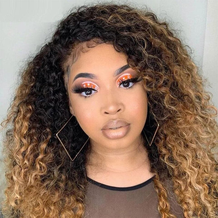 Skunk Stripe T1B/30 Ombre Kinky Curly Transparent Lace Front Human Hair Wig