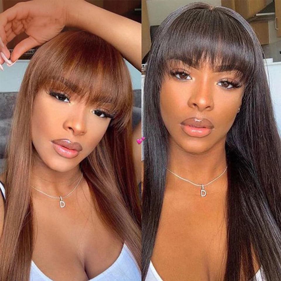 Straight Hair #30 Brown Machine Made None Lace Front Wig With Bangs Virgin Human Hair Wigs