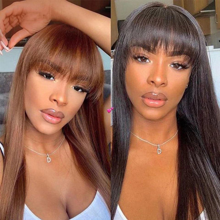 Straight Hair #30 Brown Machine Made None Lace Front Wig With Bangs Virgin Human Hair Wigs