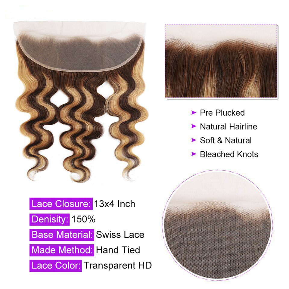 Highlight P4/27 Body Wave 4 Bundles With 13x4 Transparent Lace Frontal Pre Colored Ear To Ear