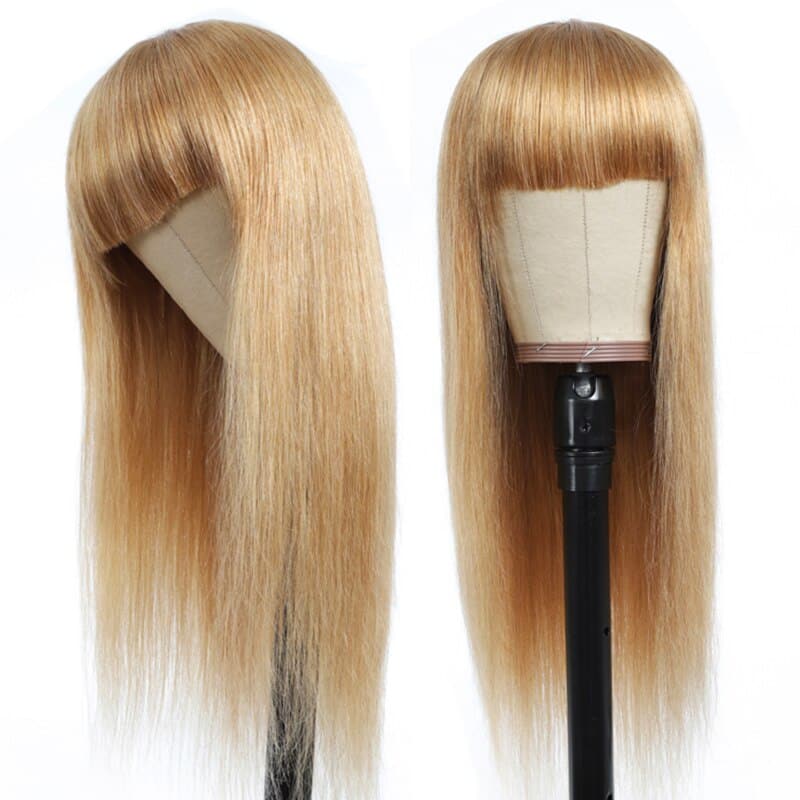 Straight Hair #27 light brown Machine Made None Lace Wig With Bangs 8-24 Inches Virgin Hair