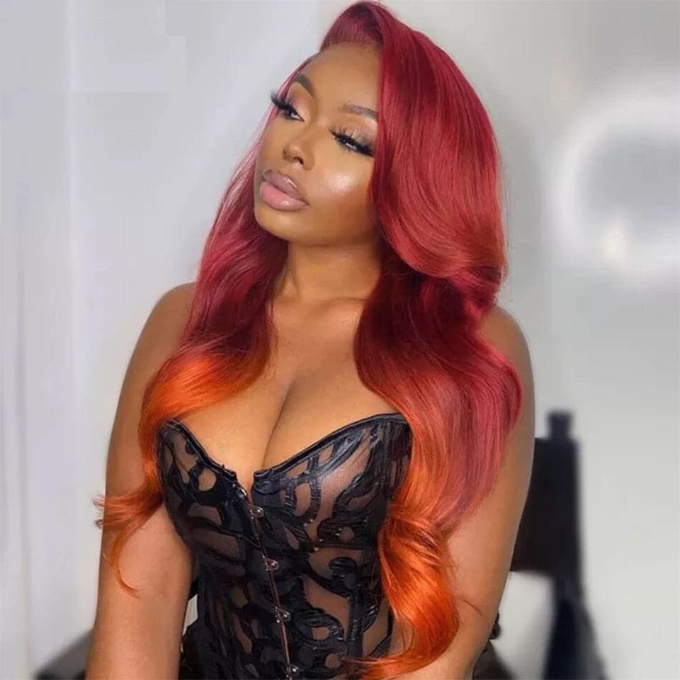 Red & Orange Skunk Stripe Ombre Body Wave 4x4 / 13x4 Lace Frontal Human Hair Wigs 150%/180%