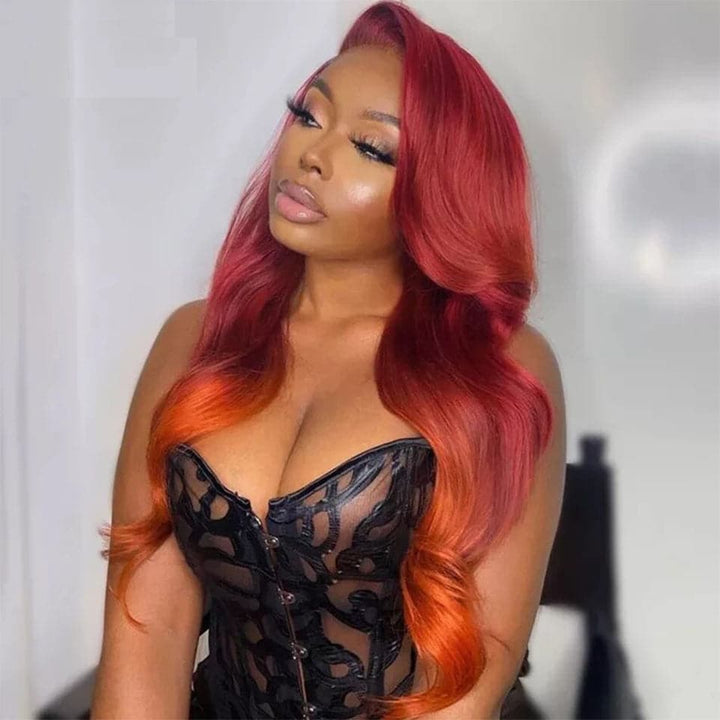 Red & Orange Skunk Stripe Ombre Body Wave 4x4 / 13x4 Lace Frontal Human Hair Wigs 150%/180%