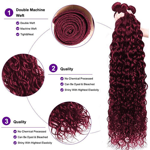 Red Bundles 99J Colored Water Wave 3 Bundles With 4X4 HD Transparent Lace Closure Human Hair