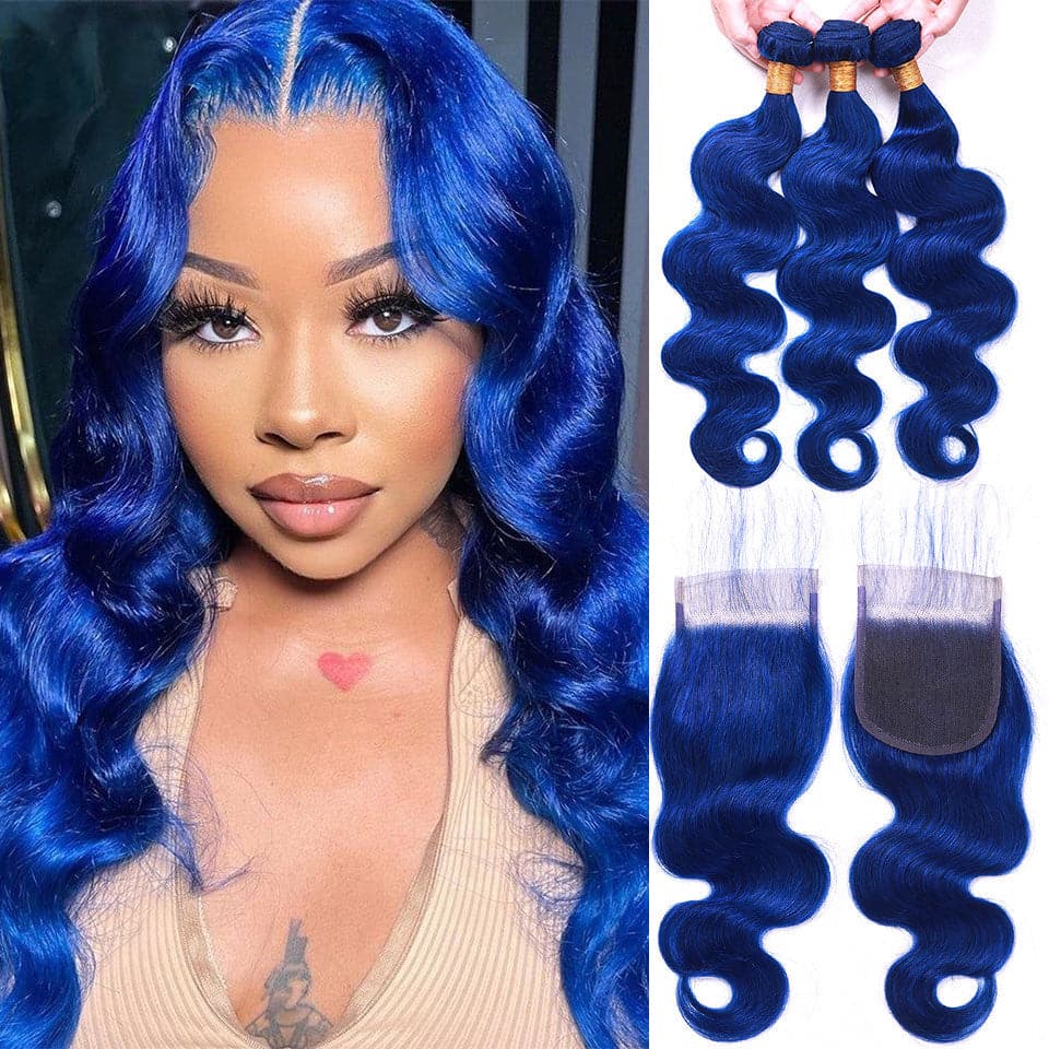 Klein Blue Colored Body Wave 3 Bundles avec 4x4 HD Lace Closure Extensions de Cheveux Humains