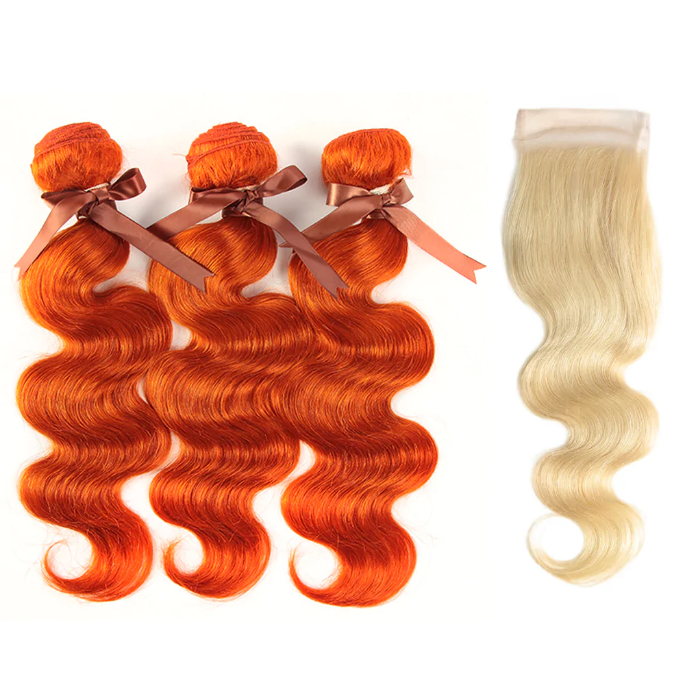 Body Wave Hair Bundles with Closure #350 Ginger Colored 4 Bundles With #613 Blonde 4x4 HD Lace Closure