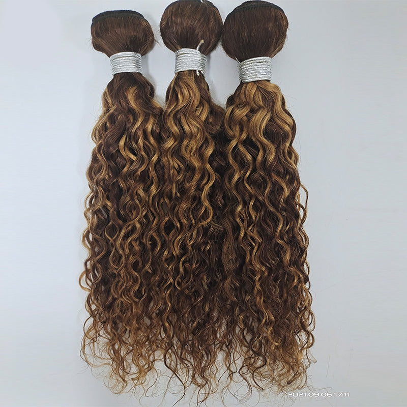 Highlight P4/27 Water Wave 3 Bundles With 4X4 Transparent Lace Closure Brazilian Hair