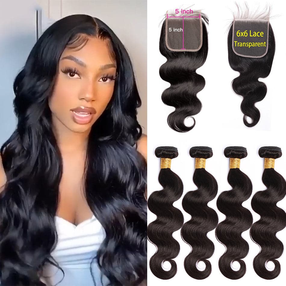 Body Wave 4 Bundles With Closure 5x5 lace 100% virgin human hair
