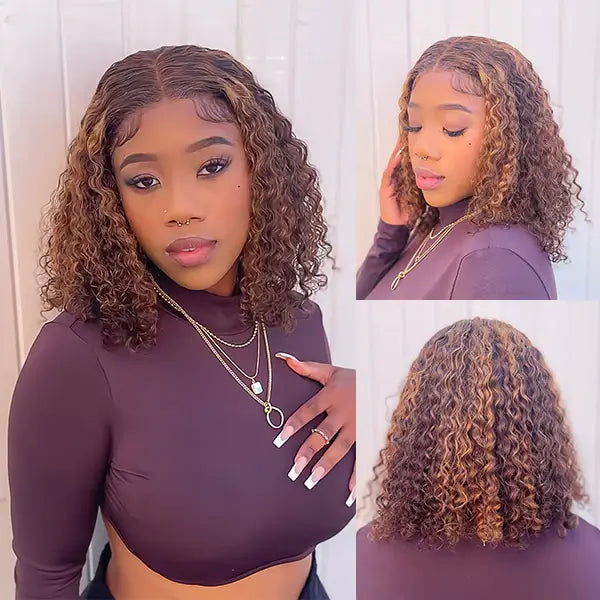 P4/30 Highlight Color Kinky Curly Short Bob 13X4 Lace Frontal Human Hair Wigs