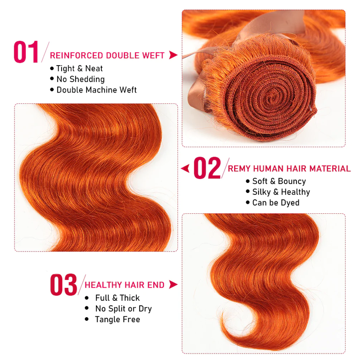 Body Wave Hair Bundles with Closure #350 Ginger Colored 4 Bundles With #613 Blonde 4x4 HD Lace Closure