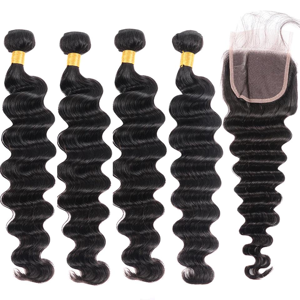 Loose Deep Wave 4 Bundles with transparent lace Closure / Frontal Brazilian Remy Human Hair