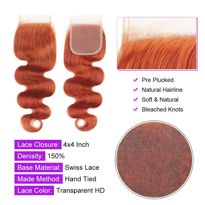 350 Ginger Orange Body Wave 3 Bundles With 4x4 Lace Closure 100% Remy Hair Extension(No Code Need)