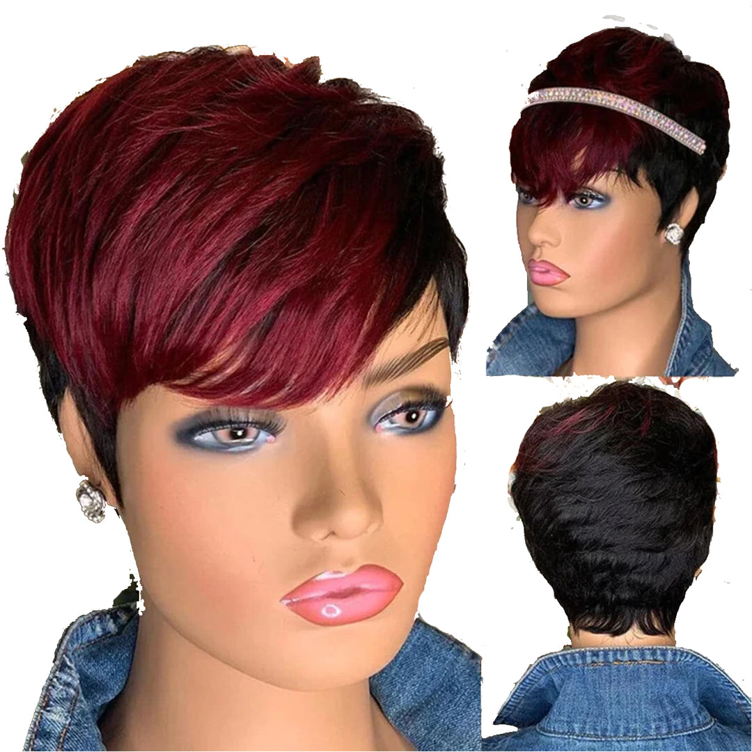 Ship In 24Hours-Lumiere #1B/99J Straight Pixie Cut Short Bob With Bangs None Lace Wig side bangs