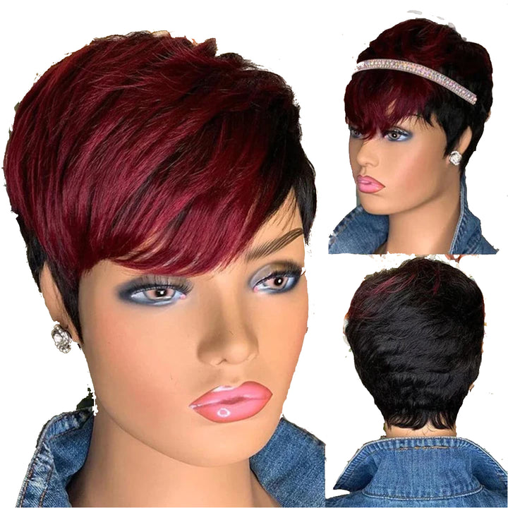 Ship In 24Hours-Lumiere #1B/99J Straight Pixie Cut Short Bob With Bangs None Lace Wig side bangs