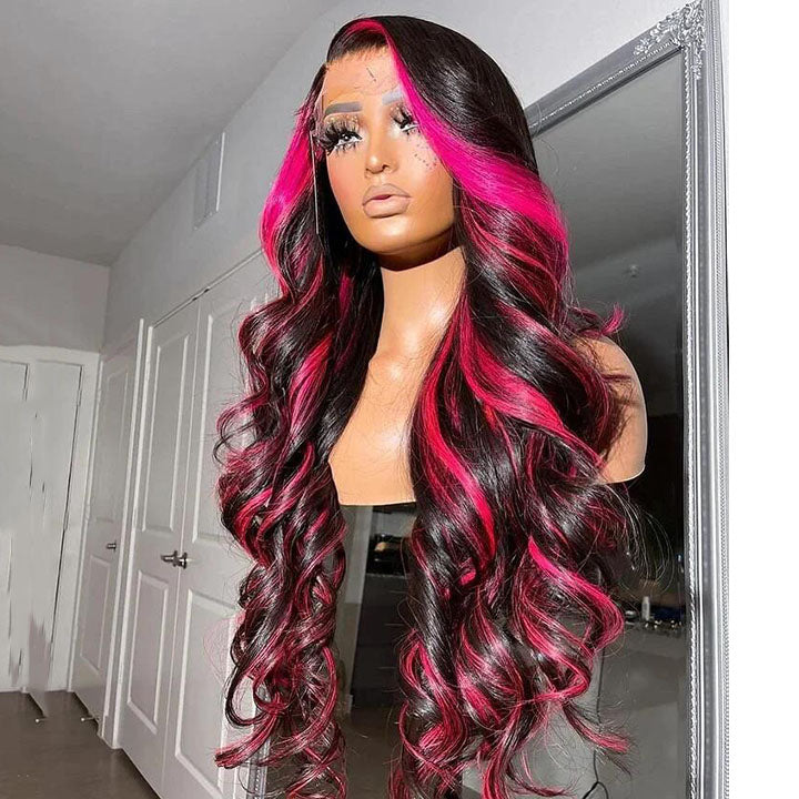 Black With Pink Highlight Stripes Body Wave Lace Front Wig 100% Real Human Hair