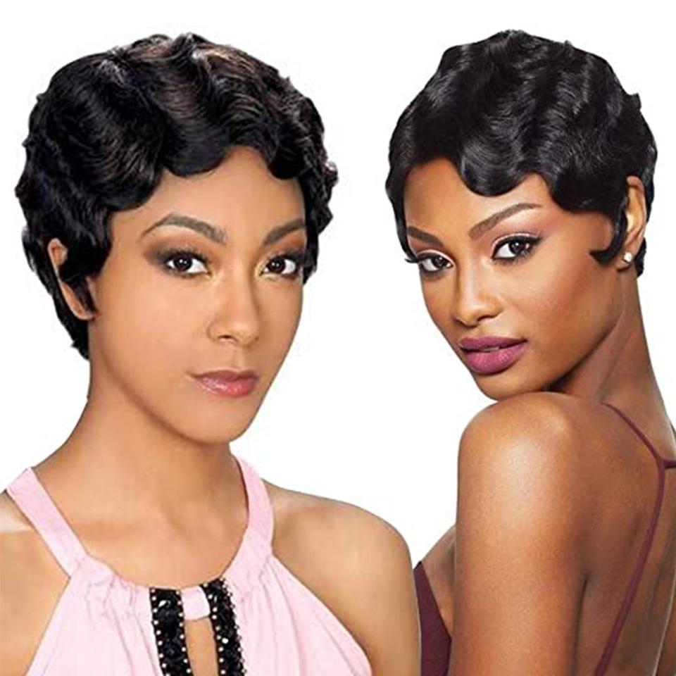 Pixie Cut Finger Wave Short Bob Full Machine None Lace Front Wigs 100% Human Hair Goodcang