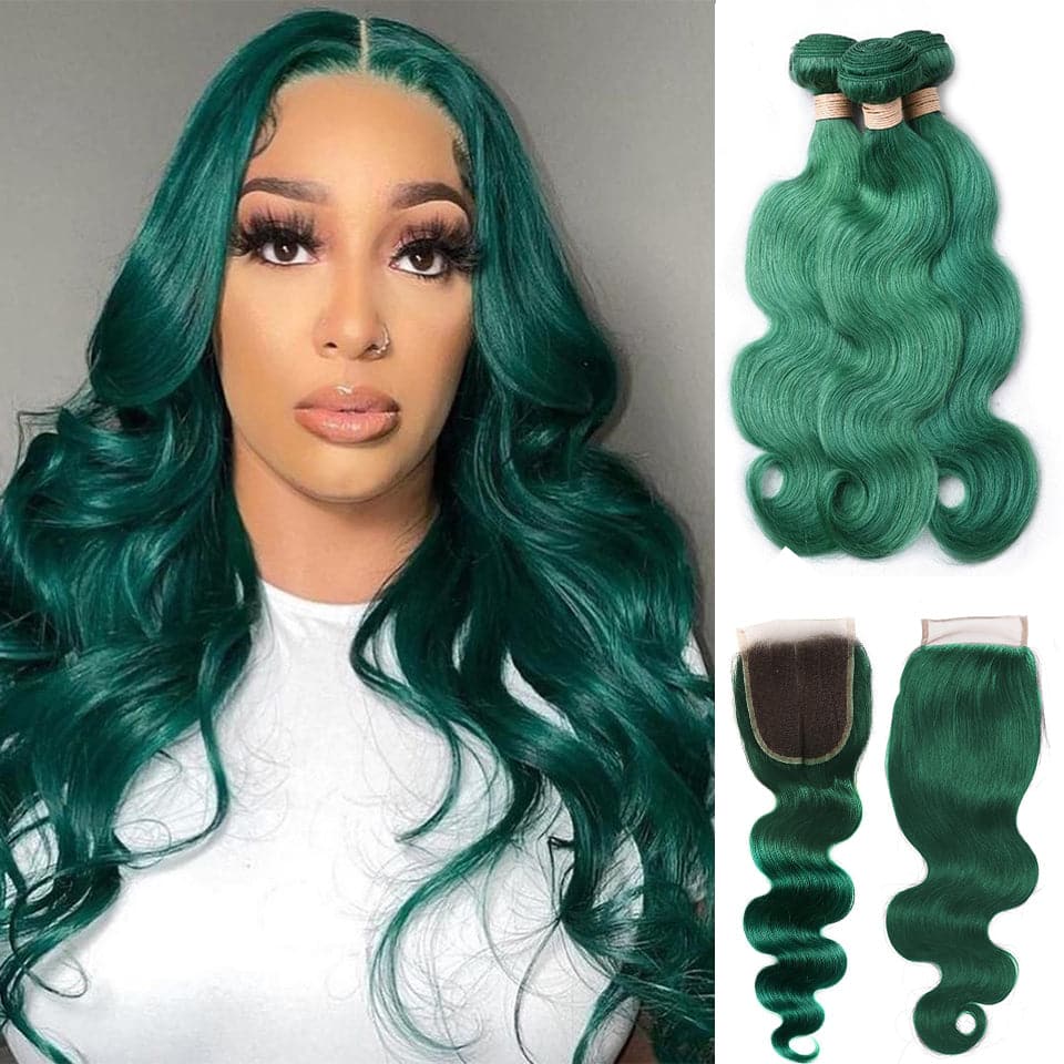 Dark Green Hair Bundles Body Wave Hair 3 Bundles with 4x4 HD Lace Closure Human Hair Extensions