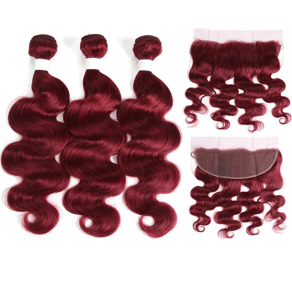 Red Bundles Burg Body Wave hair 3 Bundles With 13x4 Lace Frontal Pre Colored Ear To Ear