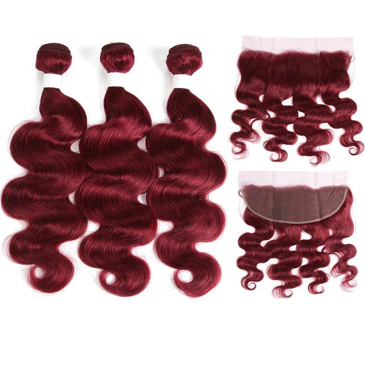 Red Bundles Burg Body Wave hair 3 Bundles With 13x4 Lace Frontal Pre Colored Ear To Ear