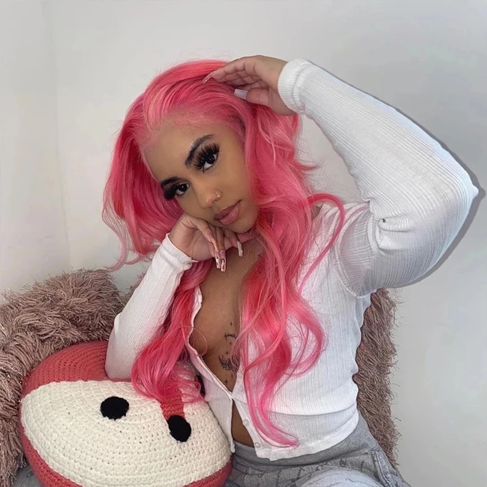 Colored Light Pink Body Wave Lace Front Wigs Human Hair For Women
