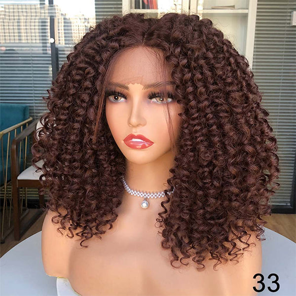 # 33 Brown Bouncy Curly Short Bob Wig 13x1x4 T Part Lace Front Perruques pour femmes 180% Densité Nature Cheveux Noir Couvre-chef avec Clips