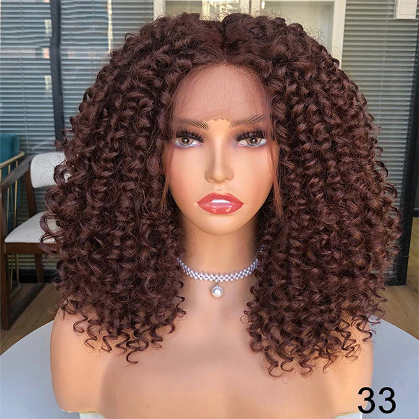 # 33 Brown Bouncy Curly Short Bob Wig 13x1x4 T Part Lace Front Perruques pour femmes 180% Densité Nature Cheveux Noir Couvre-chef avec Clips