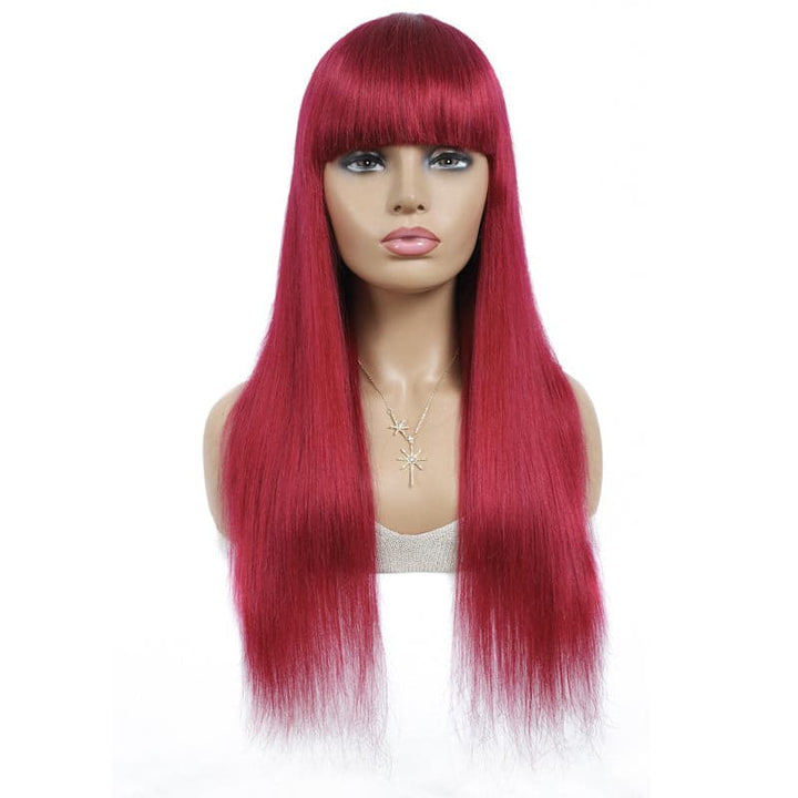 BURG Straight Hair Full Machine Made None Lace Front Wigs With Bangs