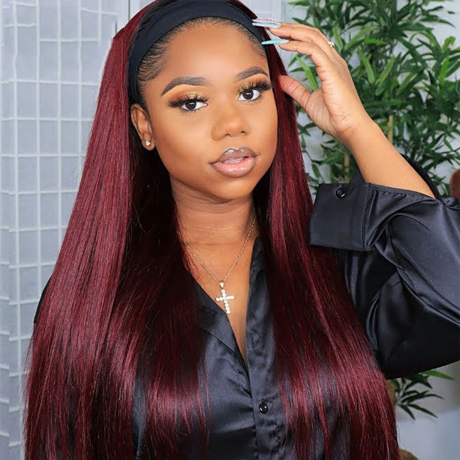 Ombre 1B/99J Straight Headband Full Machine Made None Lace Human Hair Wig