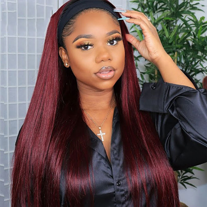 Ombre 1B/99J Straight Headband Full Machine Made None Lace Human Hair Wig