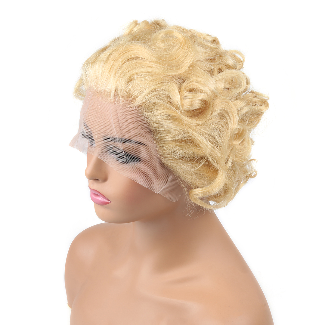 613 Blonde 13x1 Lace Loose Curly Short Pixie Cut Bob Wigs For Women