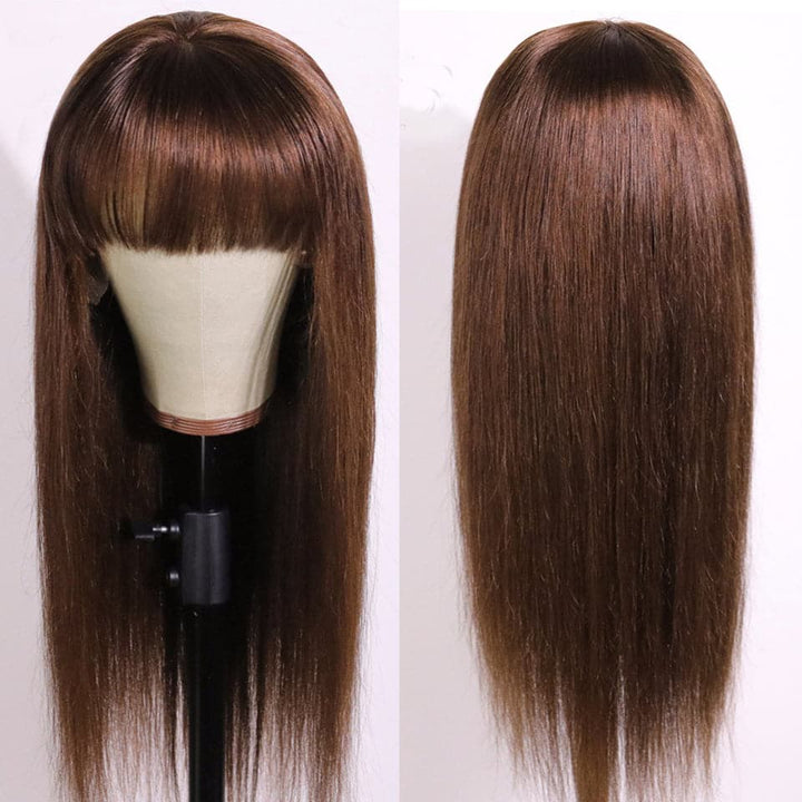 Chocolate Brown Straight Full Machine Made None Lace Wig With Bangs Human Hair