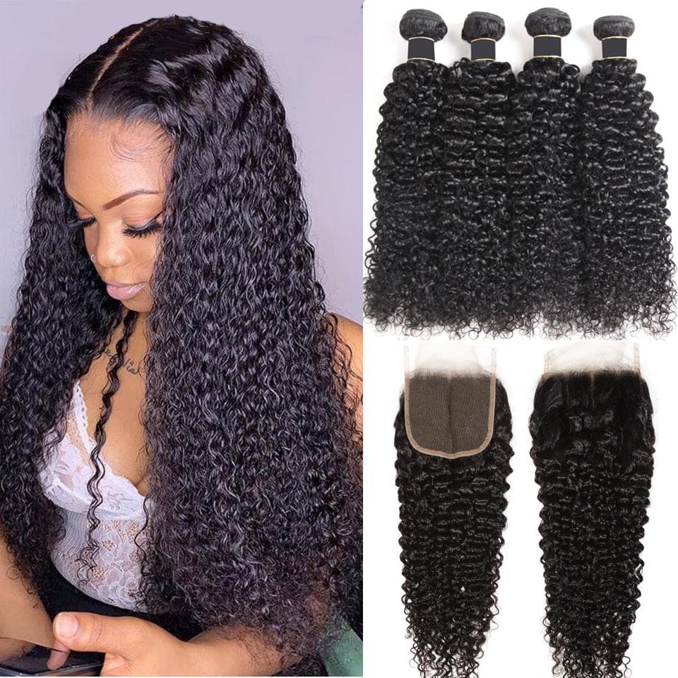 Malaysian kinky Curly Hair 4 Bundles with Closure PrePlucked Hairline Human Hair Extensions with 4x4 Lace Closure