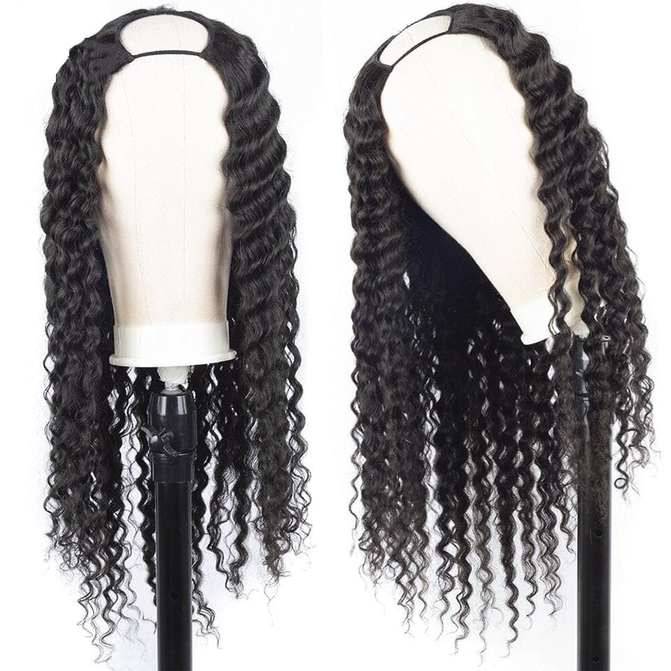 U Part Wig Human Hair Wig Deep Wave Human Hair Wigs Natural Black