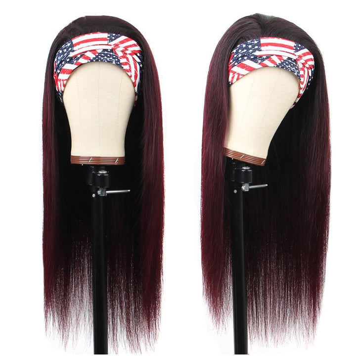 Ombre 1B/99J Straight Headband Full Machine Made None Lace Human Hair Wig