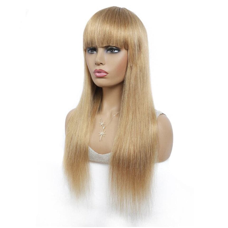 Straight Hair #27 light brown Machine Made None Lace Wig With Bangs 8-24 Inches Virgin Hair