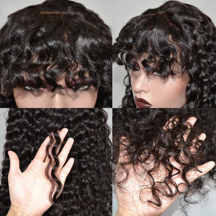 Kinky Curly Full Machine None Lace Wig With Bangs Pre Plucked 8"-24"Inches