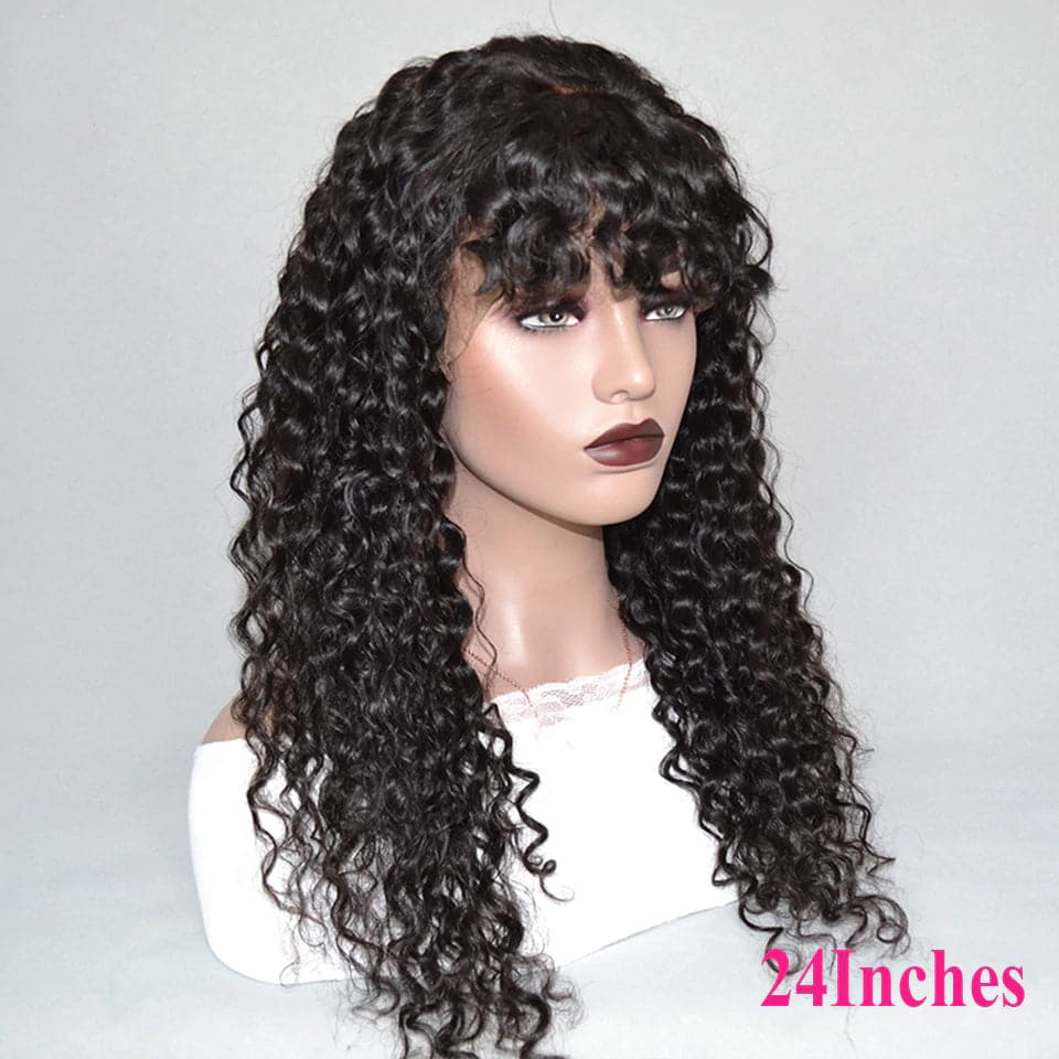Deep Wave Full Machine Made None Lace Human Hair Wigs With Bangs 8-24 inches Human Hair