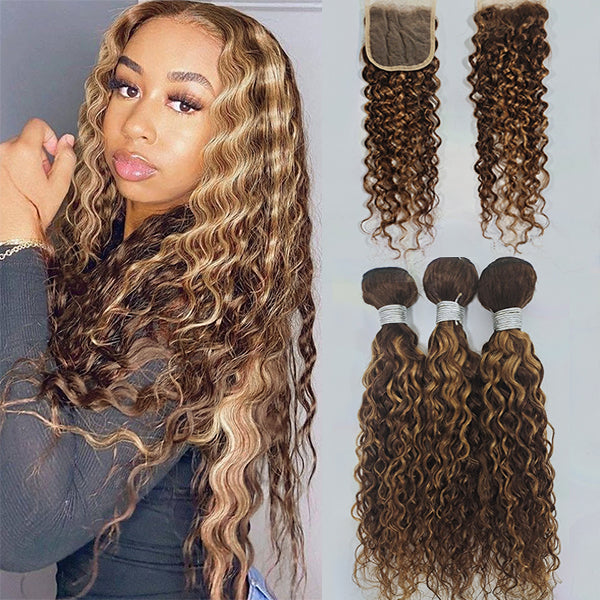 Highlight P4/27 Water Wave 3 Bundles With 4X4 Transparent Lace Closure Brazilian Hair