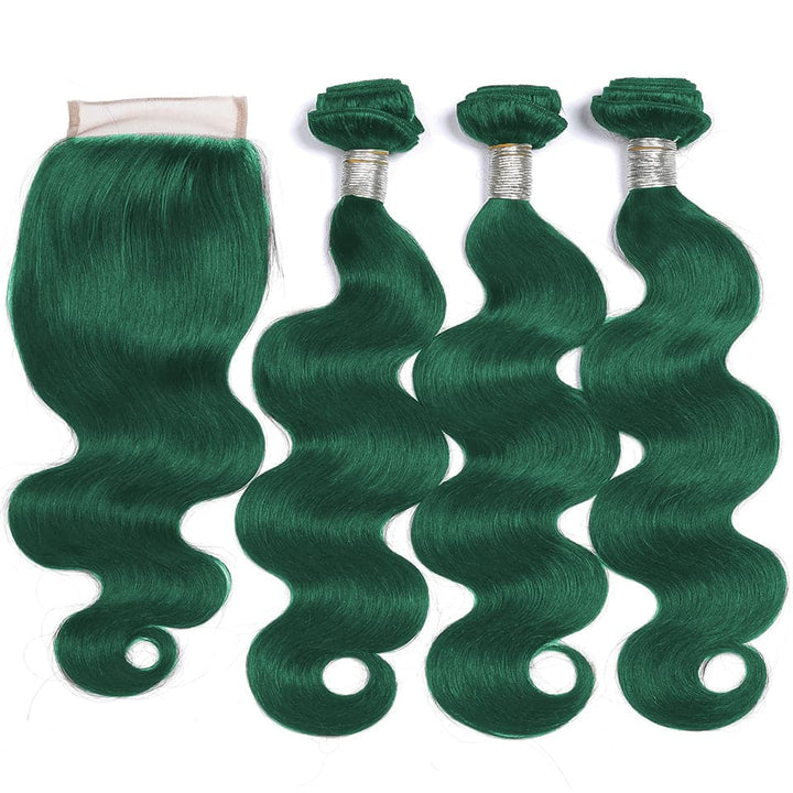 Dark Green Hair Bundles Body Wave Hair 3 Bundles with 4x4 HD Lace Closure Human Hair Extensions