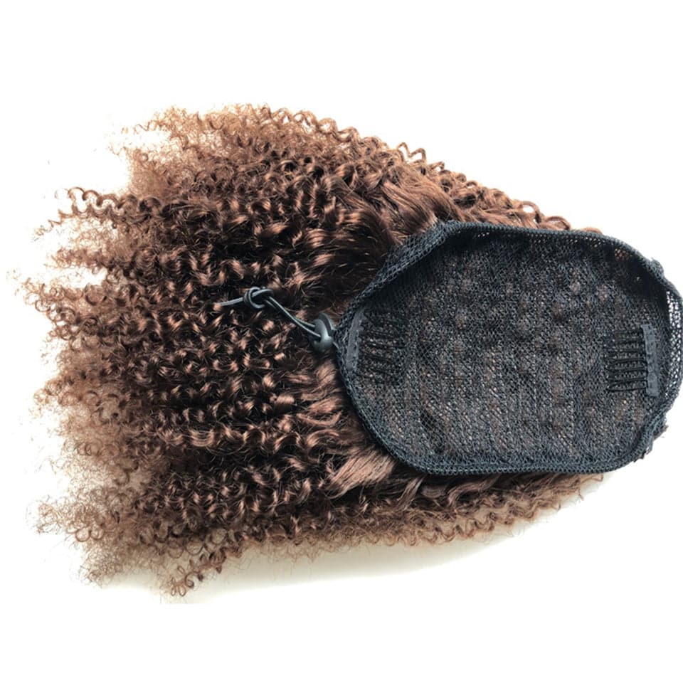 Chocolate Brown Afro Curly Drawstring Ponytail Human Hair Non-Remy For African American
