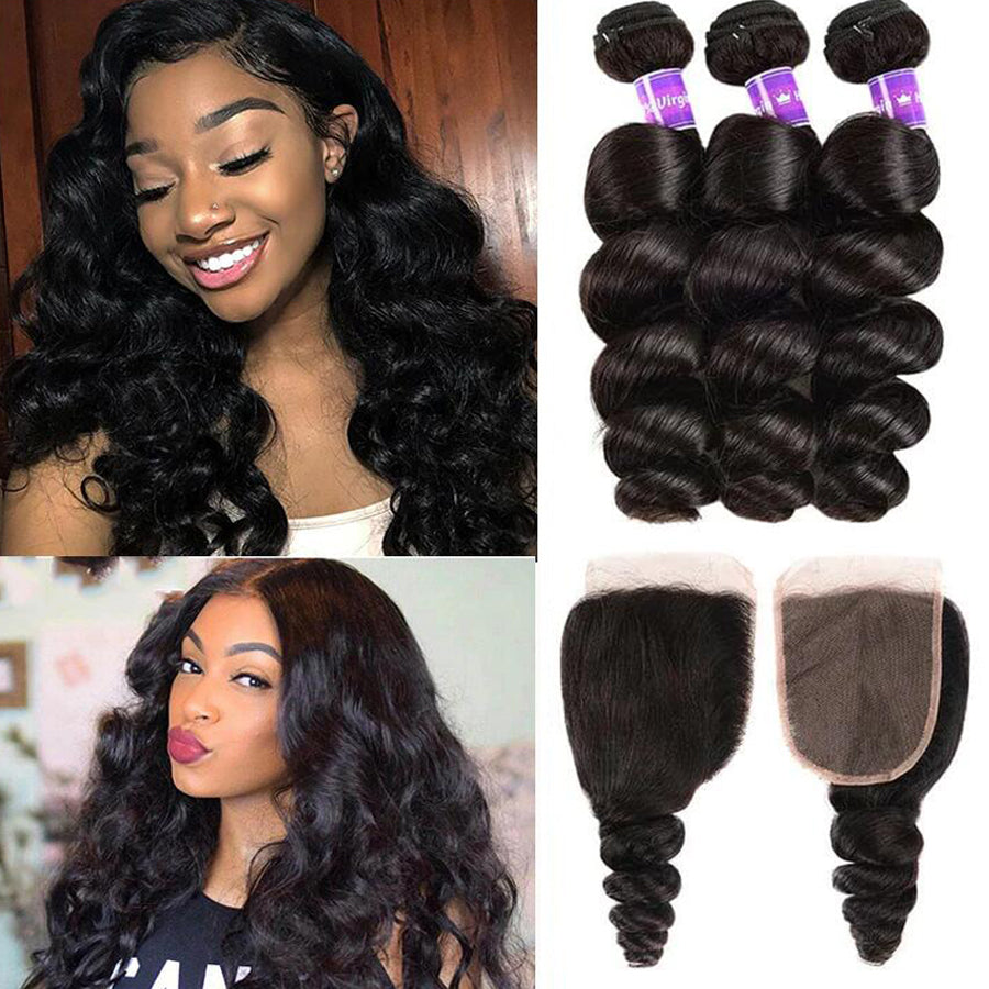 Loose Wave 3 Bundles With Closure 6x6 lace 100% virgin human  display picture 1