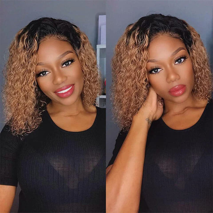 Skunk Stripe T1B/30 Ombre Kinky Curly Transparent Lace Front Human Hair Wig