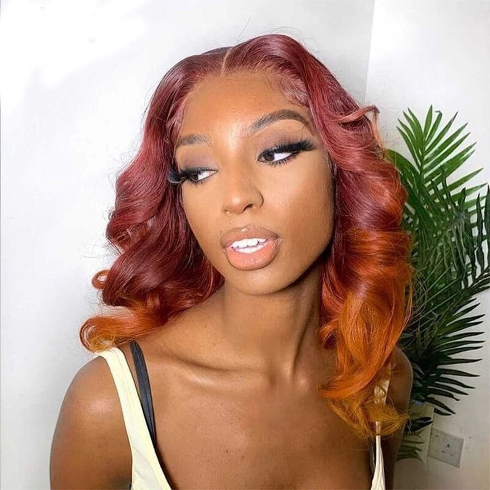 Red & Orange Skunk Stripe Ombre Body Wave 4x4 / 13x4 Lace Frontal Human Hair Wigs 150%/180%