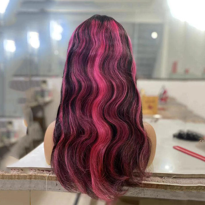 Black With Pink Highlight Stripes Body Wave Lace Front Wig 100% Real Human Hair